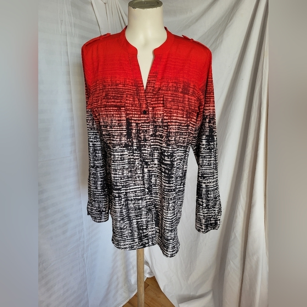 Calvin Klein Vibrant Red and Black Blouse, Size Medium